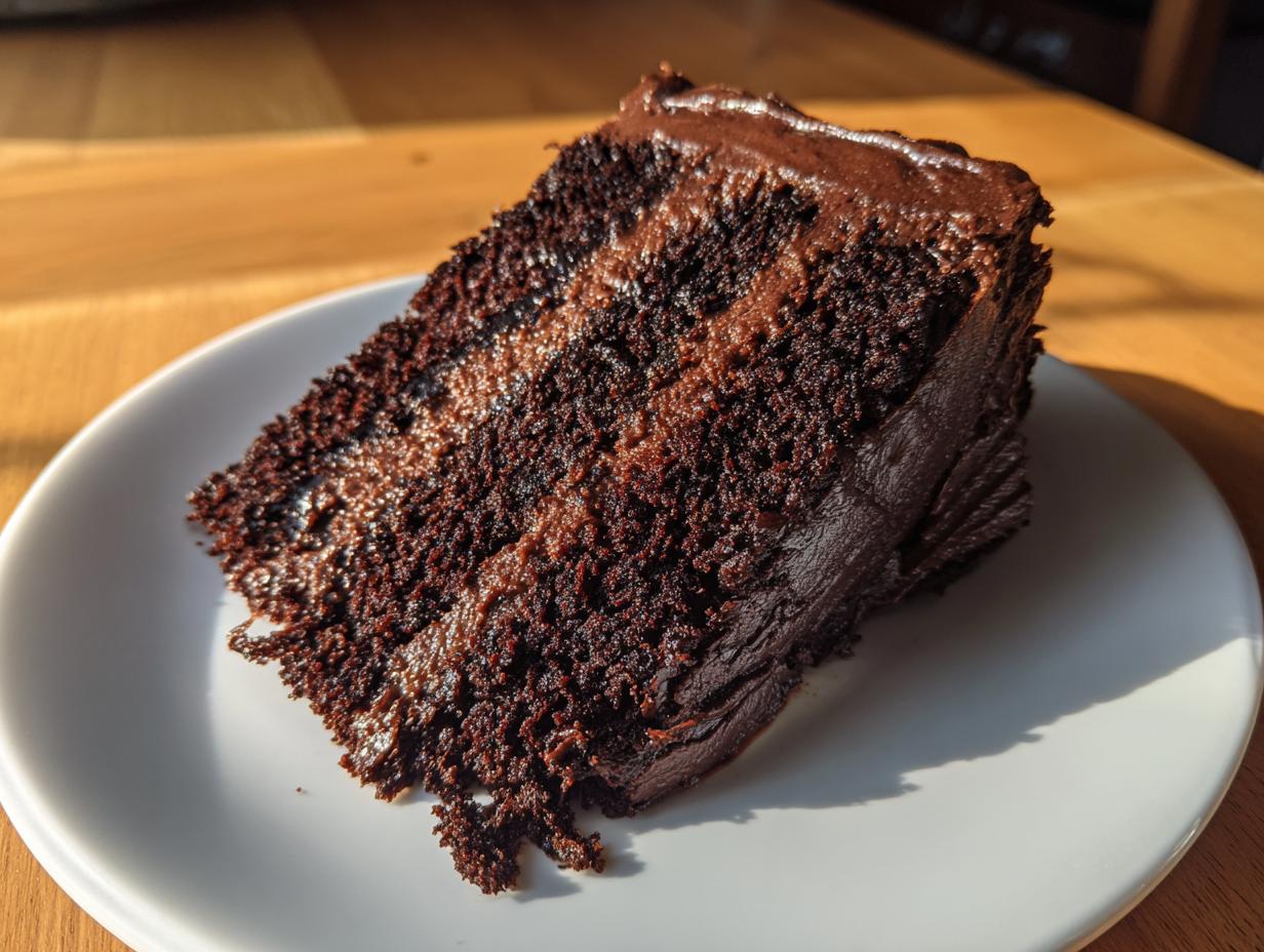 A thick, moist slice of dark chocolate cake with rich frosting, served on a white plate.