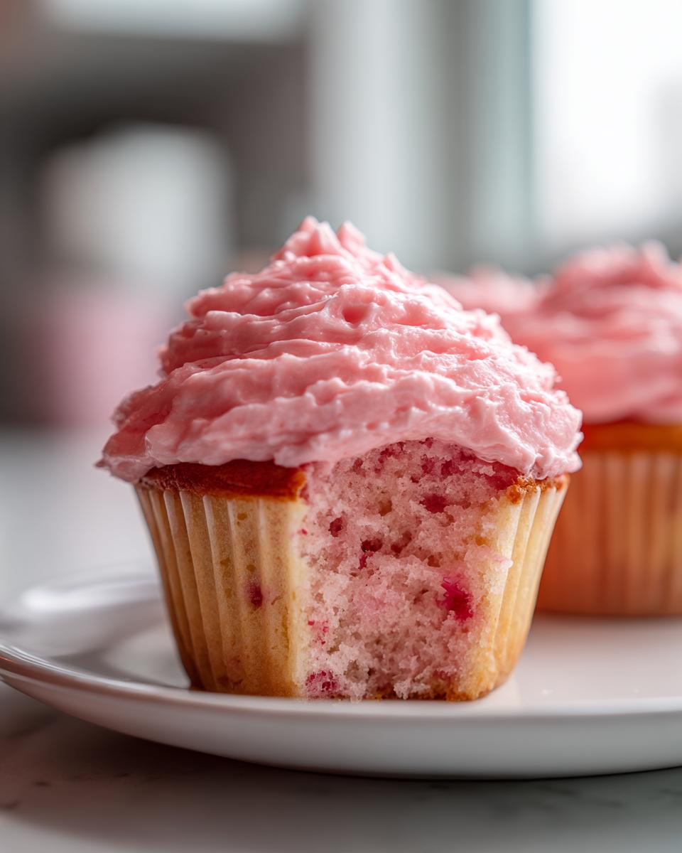 Close-up of a strawberry cupcakes with a bite taken out, showing pink cake and bright pink frosting.