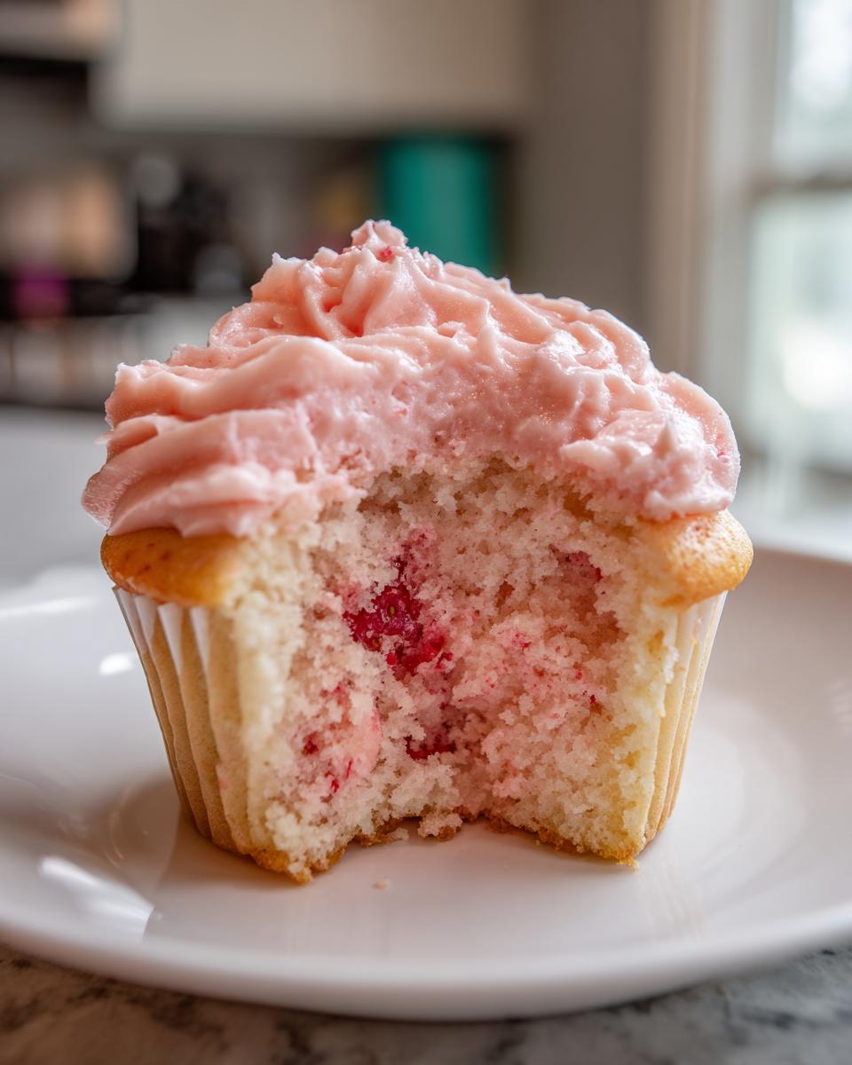 Close-up of a strawberry cupcakes with a bite taken out, revealing pink cake and strawberry pieces inside, topped with pink frosting.