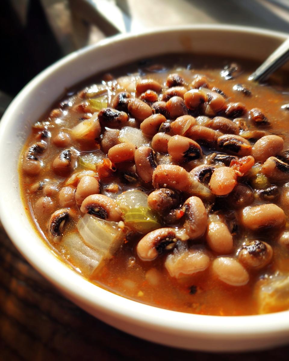 Close-up, sunlit photo of a white bowl filled with a rich, savory black eyed peas recipe, including visible onions.