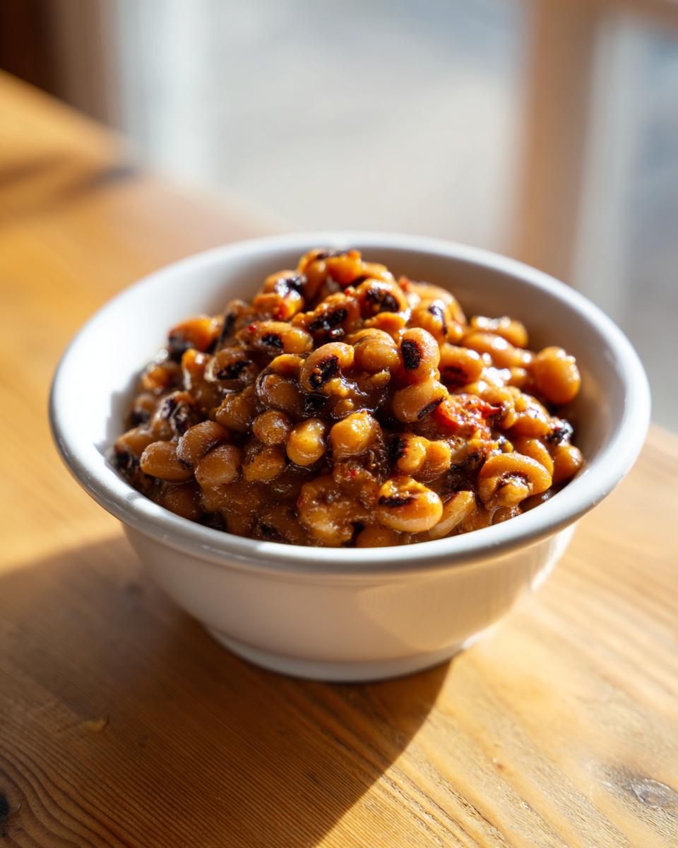 A white bowl filled with savory, saucy black eyed peas sitting on a sunlit wooden table.