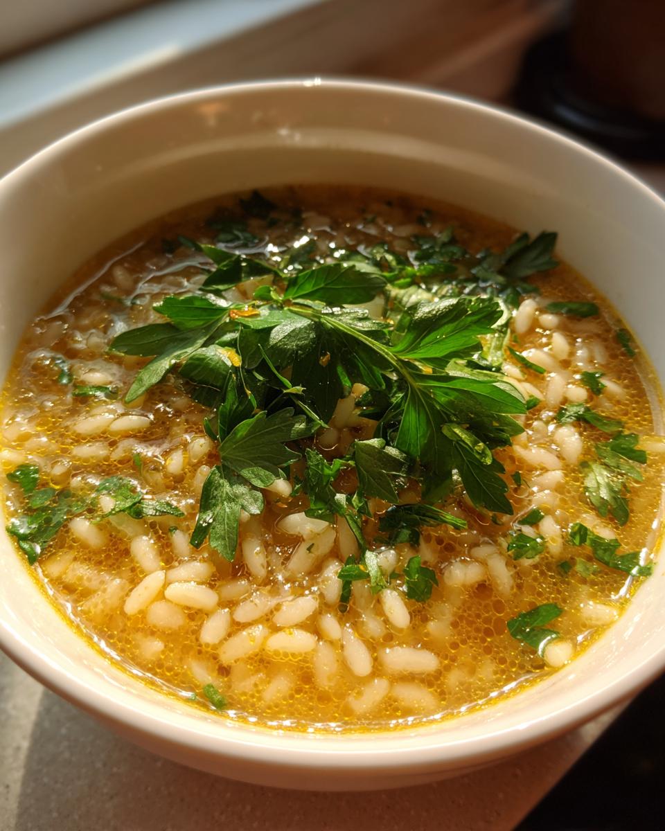 Close-up of a white bowl filled with golden broth pastina soup, topped with fresh parsley.