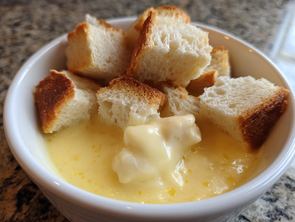 Close-up of toasted bread cubes dipping into creamy, yellow cheese fondue in a white bowl.