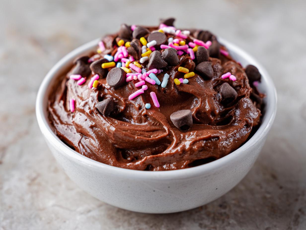 Close-up of rich, thick brownie batter dip in a white bowl, topped with chocolate chips and colorful sprinkles.
