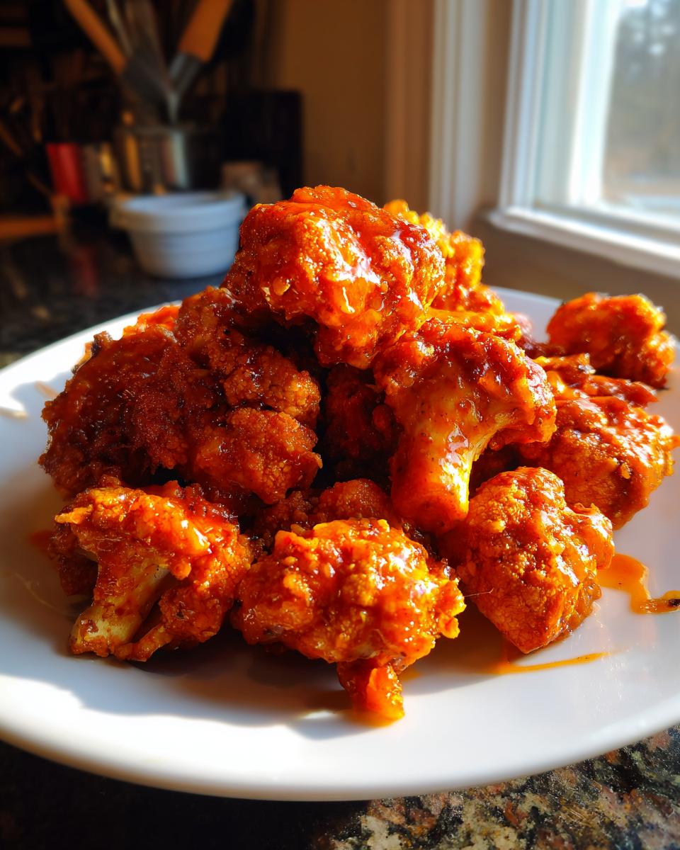 A pile of crispy, saucy buffalo cauliflower bites glistening with orange-red sauce on a white plate.