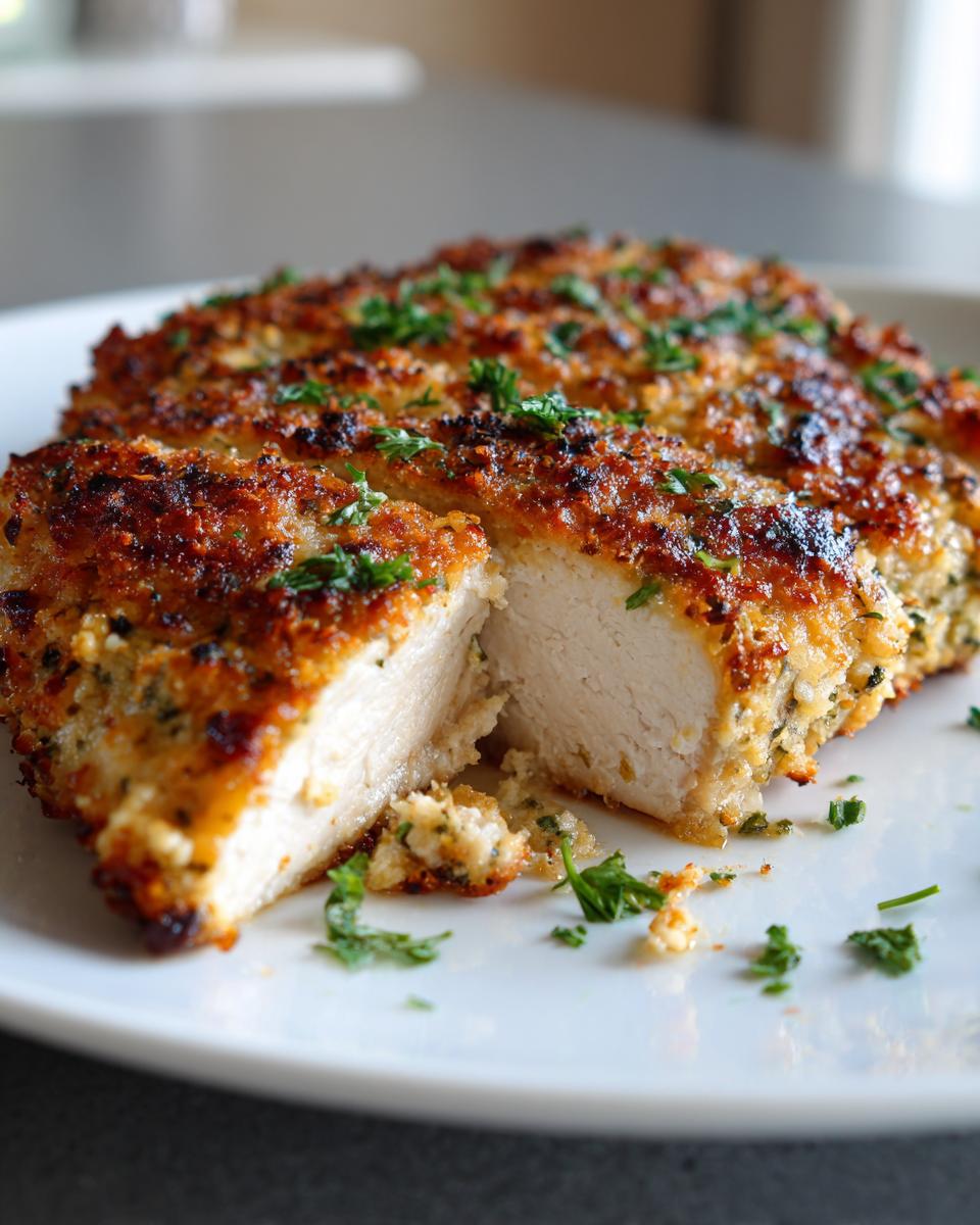 Close-up of a baked caesar chicken breast, cut in half to show juicy white meat and a golden, herbed crust.