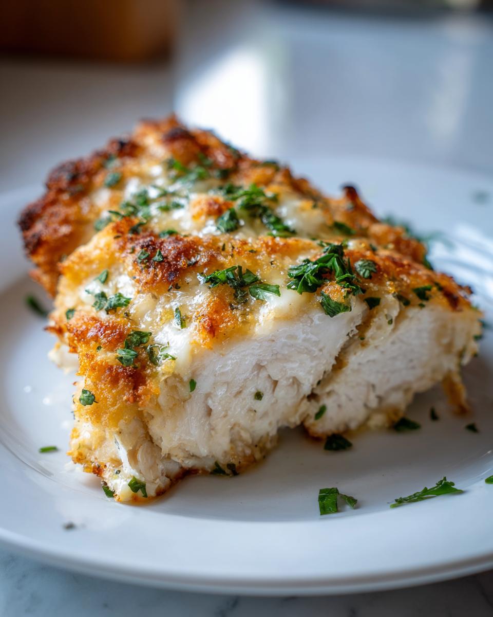 Close-up of a sliced caesar chicken breast with a golden, cheesy crust and fresh parsley garnish.