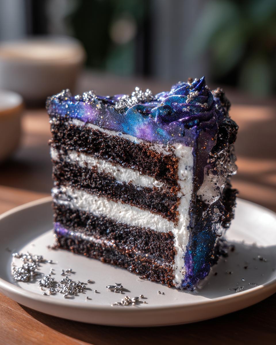 A slice of dark chocolate capricorn cake featuring white frosting layers and vibrant blue/purple galaxy frosting, adorned with silver sprinkles.