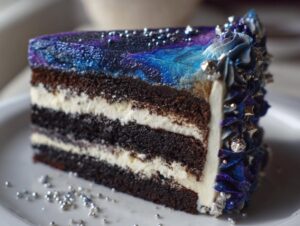 A slice of dark chocolate capricorn cake featuring galaxy frosting, white filling layers, and silver sprinkles.
