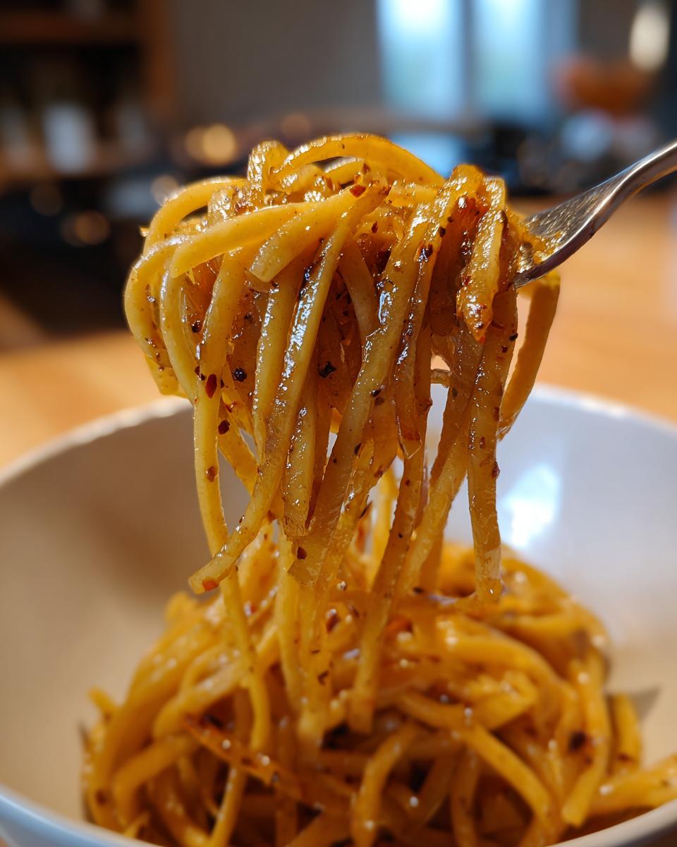 A fork lifts a generous portion of glossy caramelized onion pasta, coated in sauce and chili flakes, from a white bowl.
