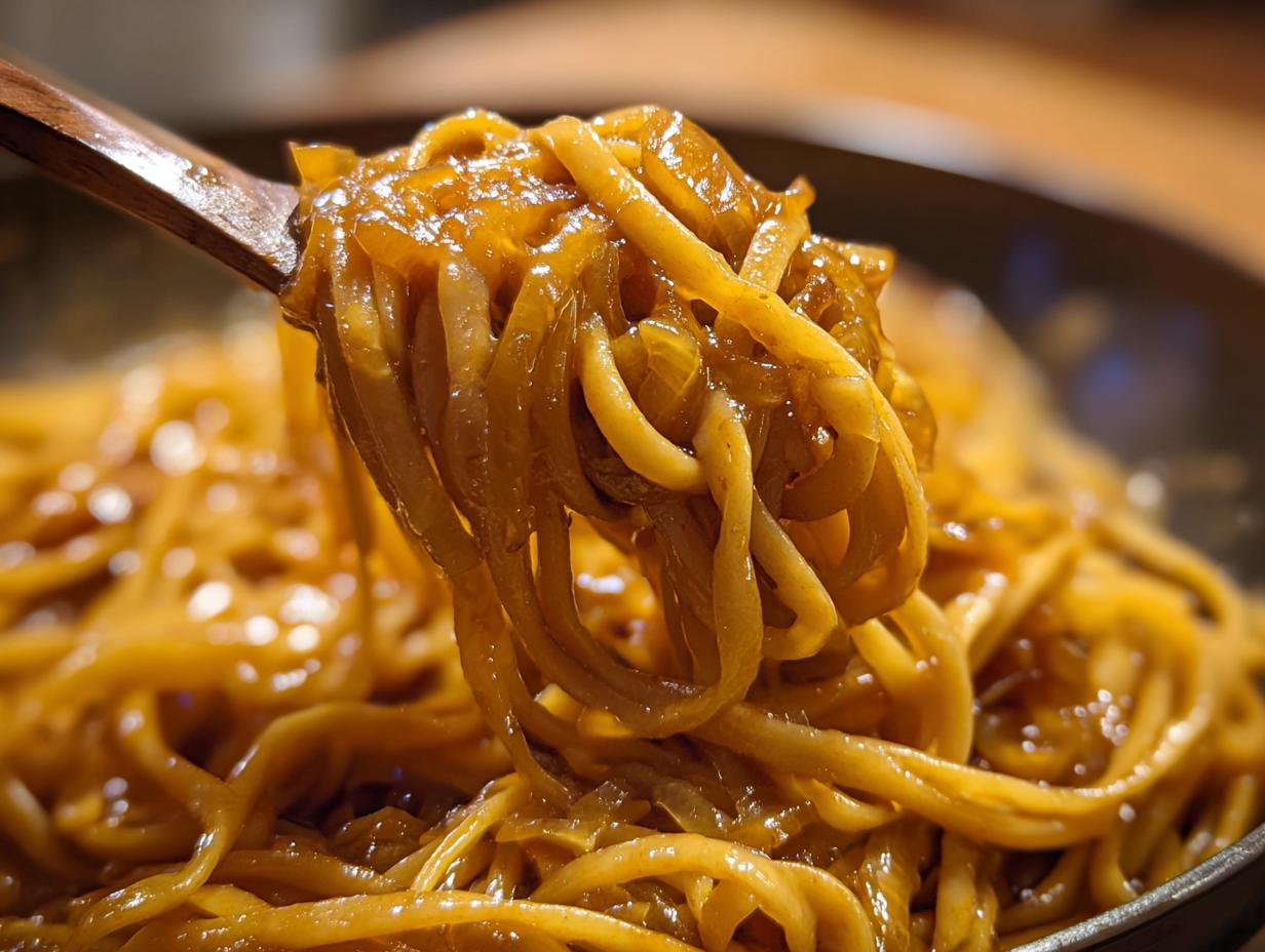 A wooden spoon lifting a generous portion of glossy caramelized onion pasta, showing rich brown sauce coating the noodles.
