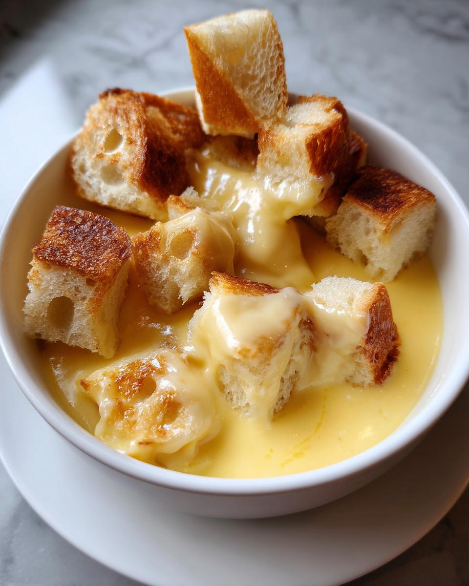 Close-up of creamy cheese fondue in a white bowl with toasted bread cubes being dipped.