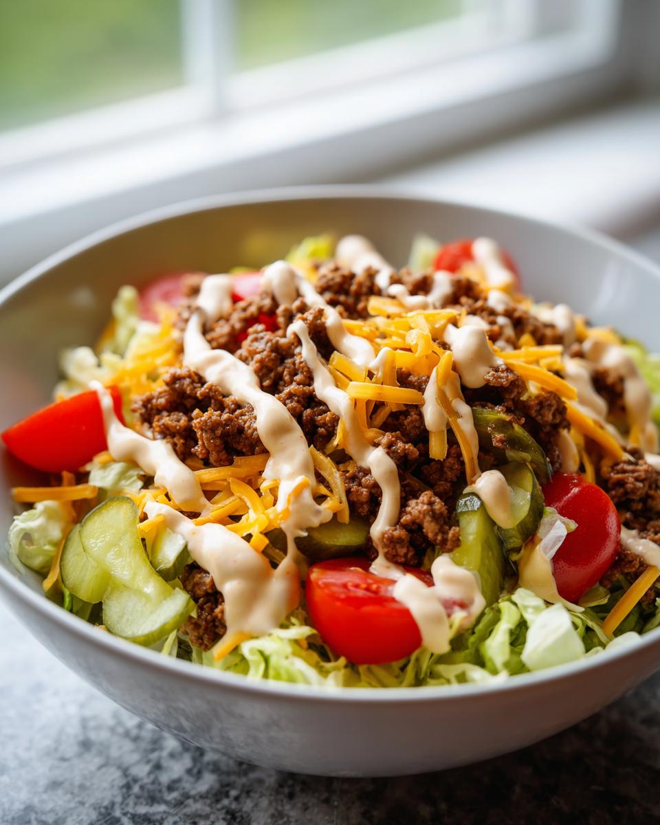 A close-up of a vibrant cheeseburger bowl featuring ground beef, shredded cheese, pickles, tomatoes, and a creamy sauce over lettuce.
