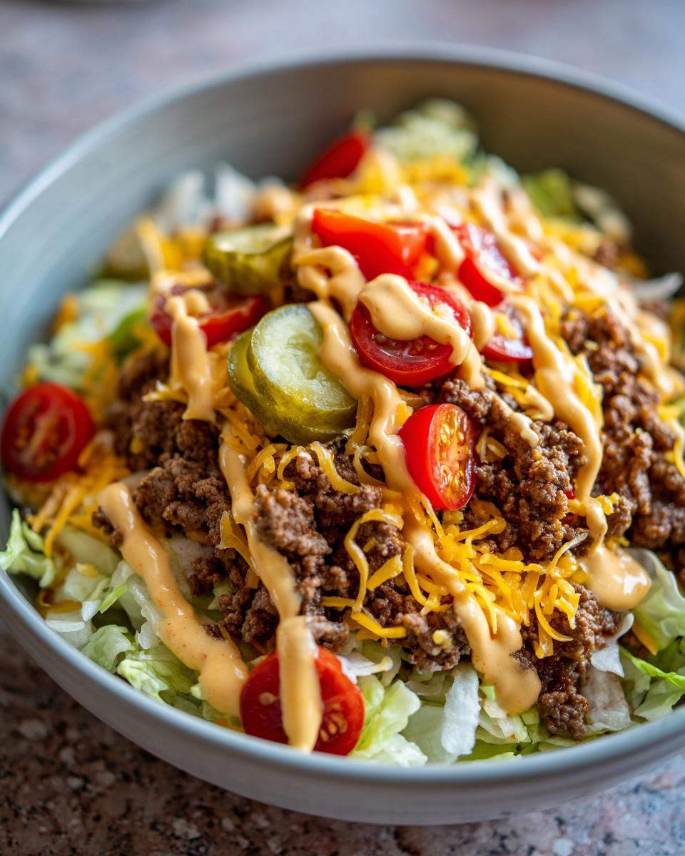 Close-up of a vibrant cheeseburger bowl featuring seasoned ground beef, shredded cheese, pickles, tomatoes, and special sauce over lettuce.