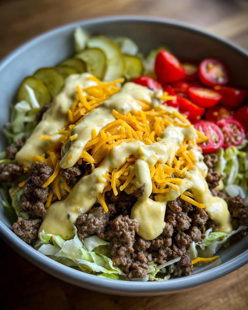 Close-up of a hearty cheeseburger bowl featuring seasoned ground beef, shredded cheddar, special sauce, pickles, and tomatoes over lettuce.