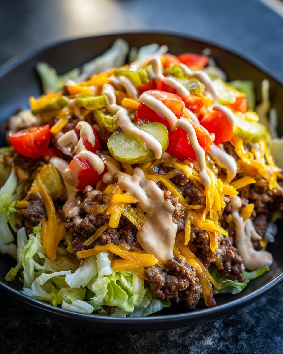 Close-up of a delicious cheeseburger bowl featuring ground beef, shredded cheese, lettuce, pickles, tomatoes, and a drizzle of sauce.