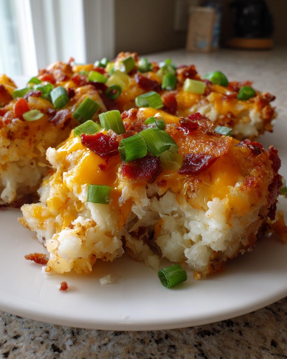 Close-up of a serving of cheesy potato casserole topped with melted cheddar, bacon bits, and green onions.