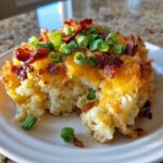 A close-up serving of cheesy potato casserole topped with melted cheddar, bacon bits, and fresh green onions.