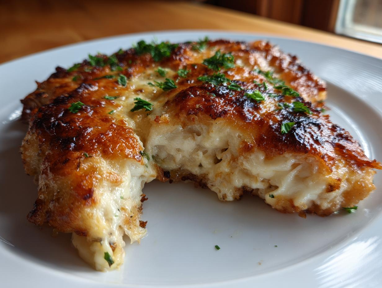Close-up of a slice of baked caesar chicken casserole with a golden-brown, cheesy crust and creamy interior.