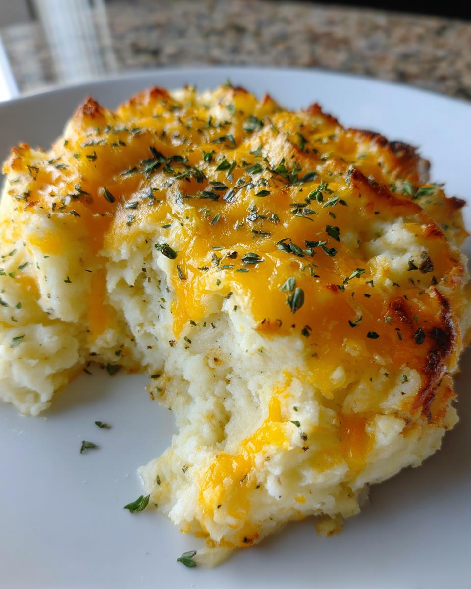 A close-up of a scoop of baked mashed potatoes topped with melted cheddar cheese and herbs.