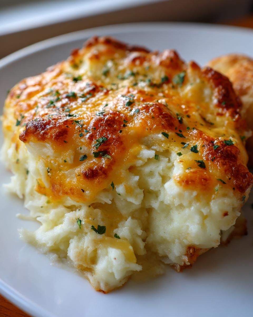 A close-up of a scoop of fluffy baked mashed potatoes topped with melted, browned cheese and parsley.