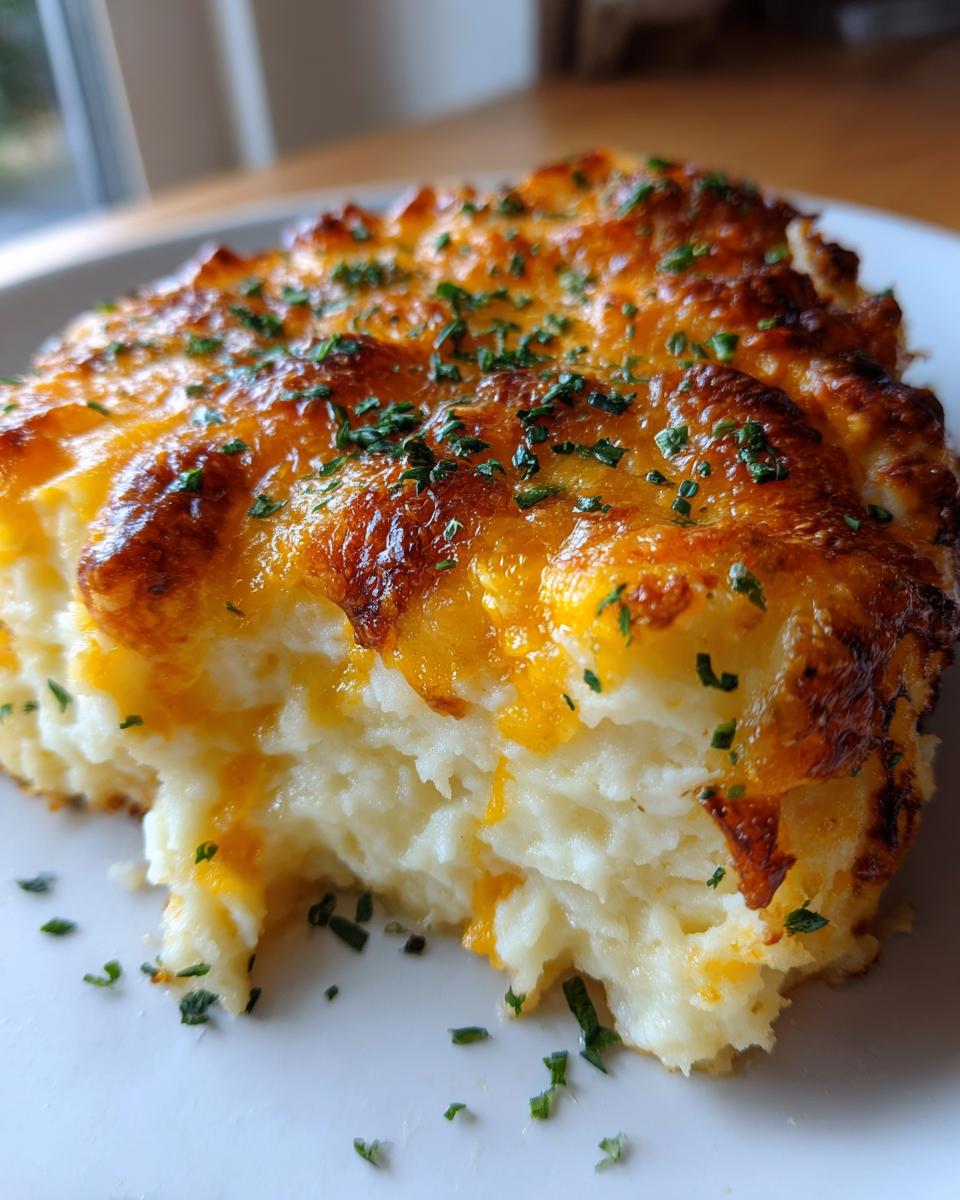 A close-up of a serving of baked mashed potatoes topped with melted, browned cheddar cheese and fresh parsley.