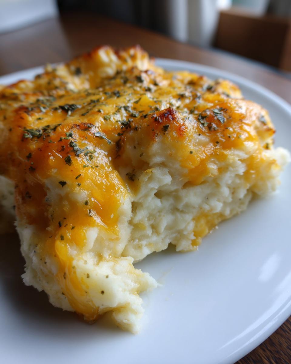 Close-up of a serving of baked mashed potatoes topped with melted cheddar cheese and dried herbs.