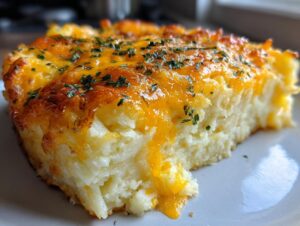 A close-up of a thick slice of baked mashed potatoes topped with melted cheddar cheese and chopped parsley.