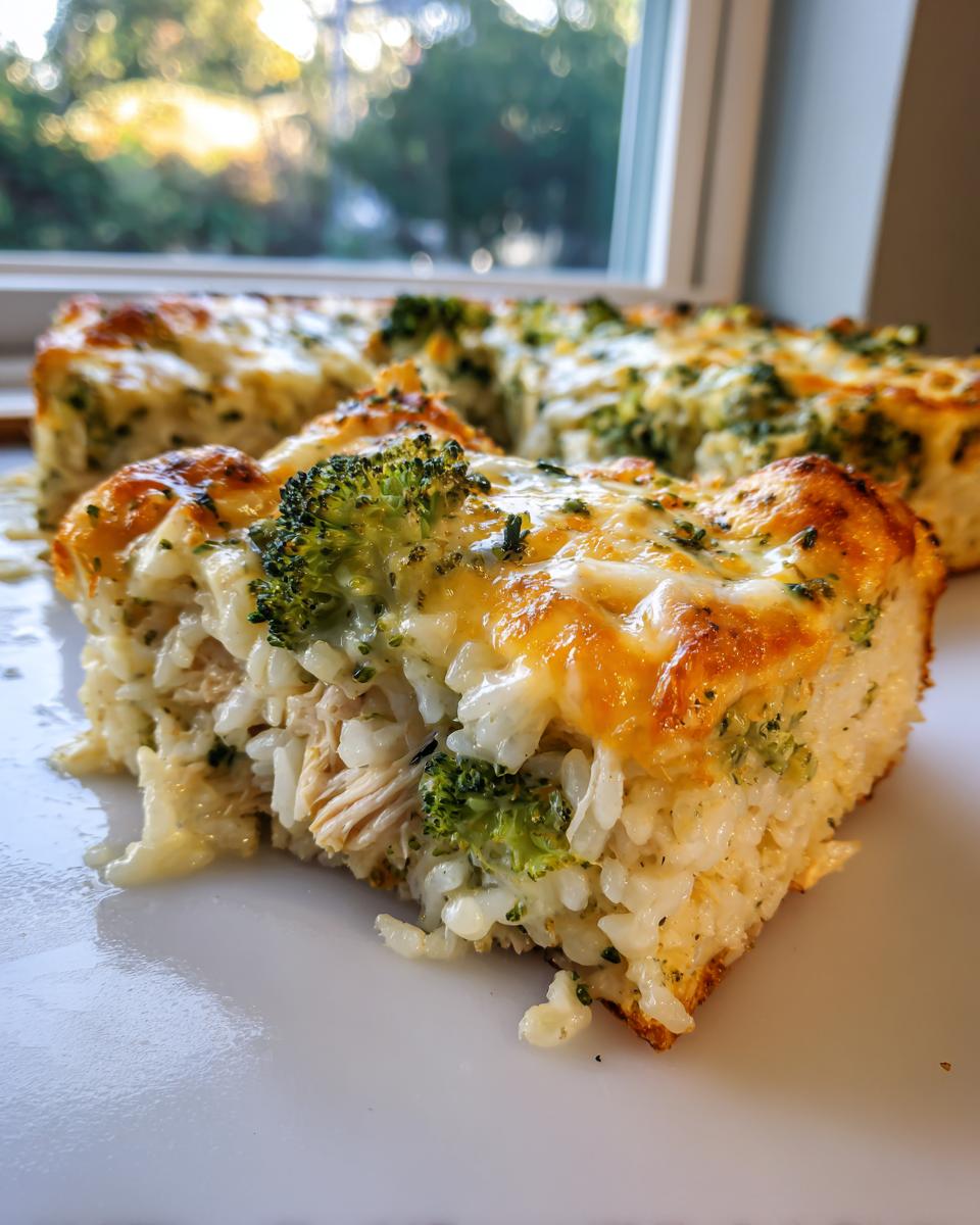 A close-up of a square slice of baked chicken broccoli rice casserole with melted, browned cheese topping.