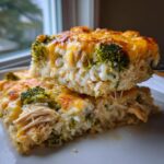 Two stacked slices of creamy chicken broccoli rice casserole topped with melted, browned cheese.