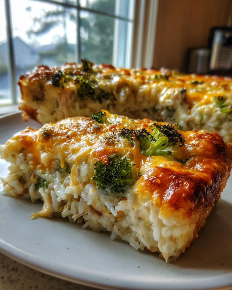 A close-up slice of creamy chicken broccoli rice casserole topped with melted, golden-brown cheese.
