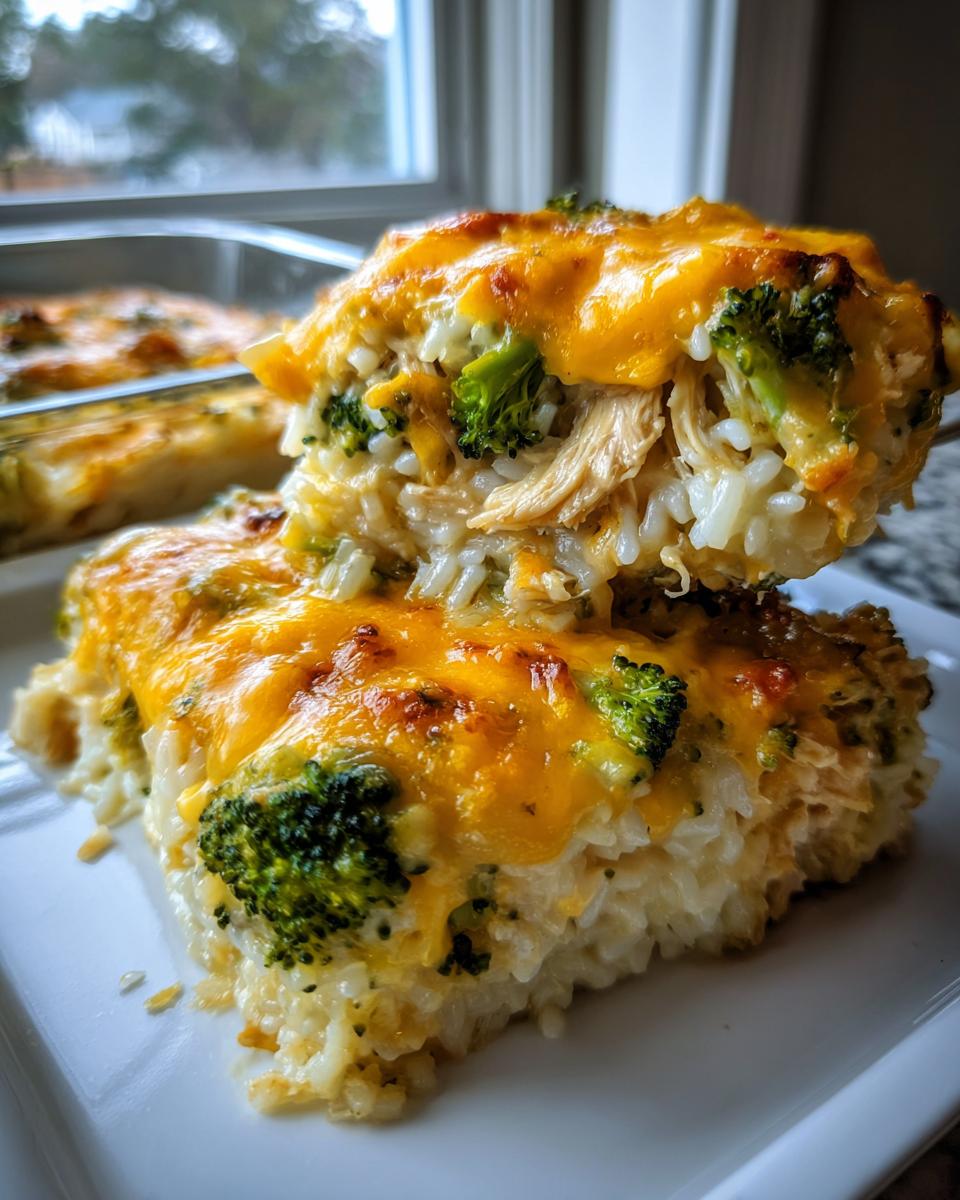 A serving utensil lifts a portion of creamy chicken broccoli rice casserole topped with melted cheddar cheese.