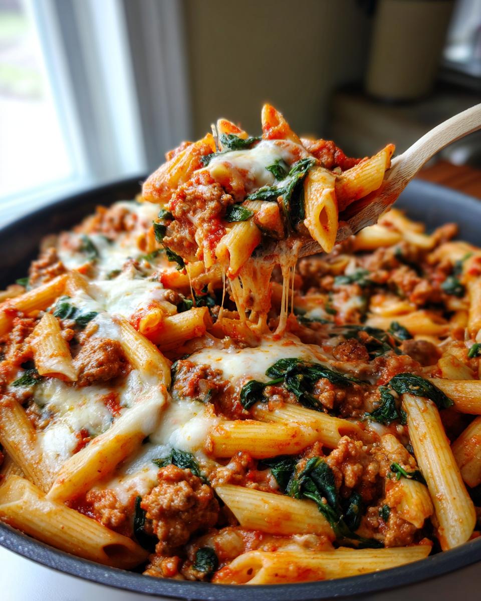 A wooden spoon lifts a cheesy, saucy portion of ground turkey pasta with spinach out of a skillet.