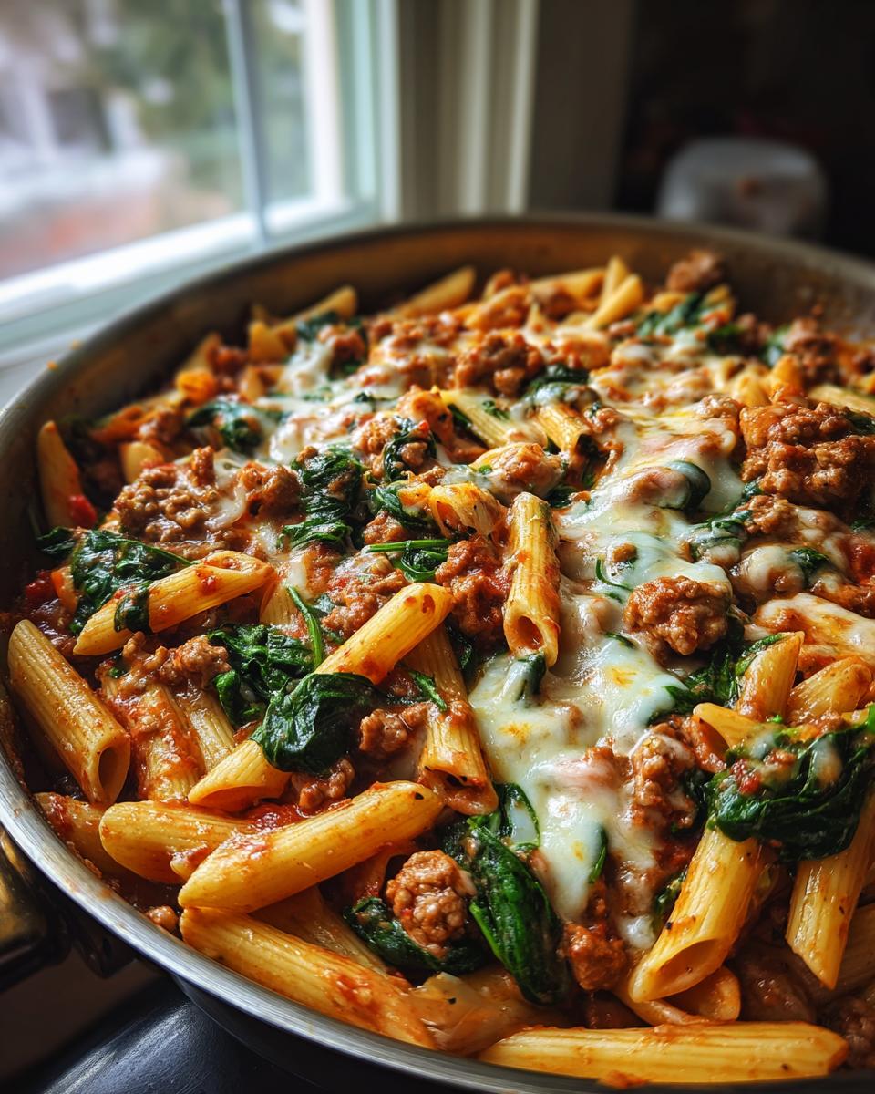 Close-up of cheesy ground turkey pasta with spinach, served hot in a stainless steel skillet.