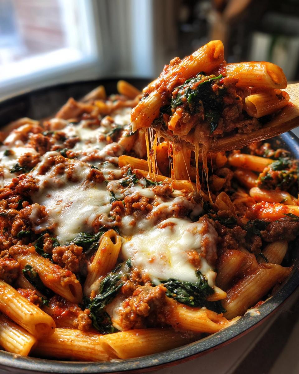 A wooden spoon lifting a portion of cheesy ground turkey pasta, showing long strings of melted mozzarella cheese.