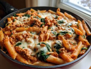 Close-up of a skillet filled with cheesy ground turkey pasta, penne noodles, tomato sauce, and wilted spinach.
