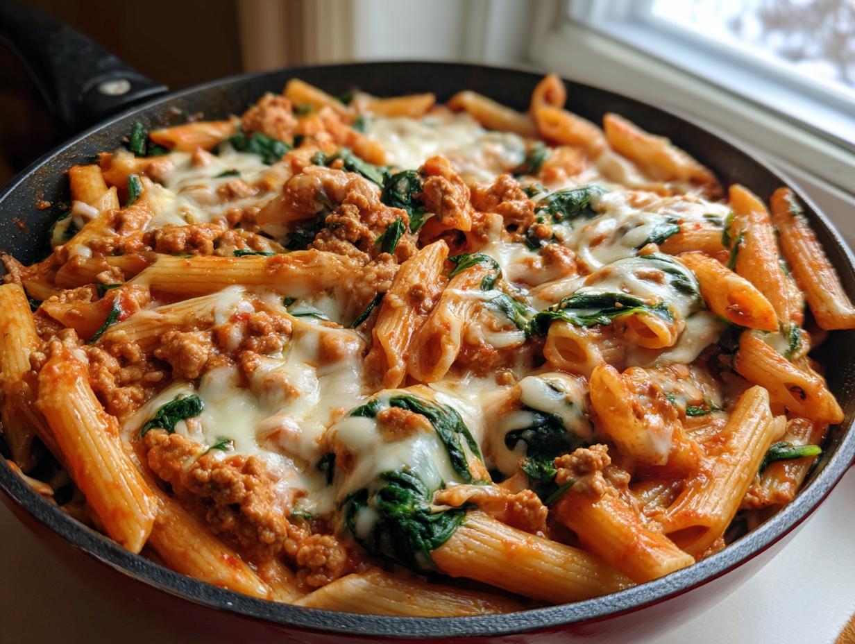 Close-up of a skillet filled with cheesy ground turkey pasta, penne noodles, tomato sauce, and wilted spinach.