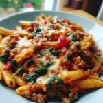A close-up of a bowl of ground turkey pasta featuring penne, rich tomato sauce, spinach, and melted cheese.