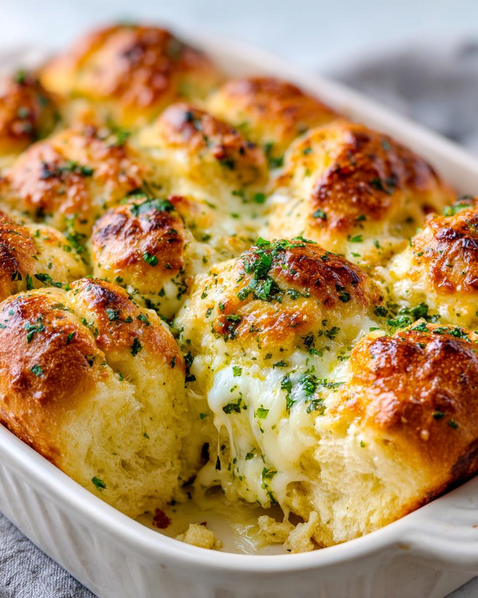 Close-up of cheesy hawaiian roll garlic bread baked in a white dish, showing melted cheese pull and parsley.