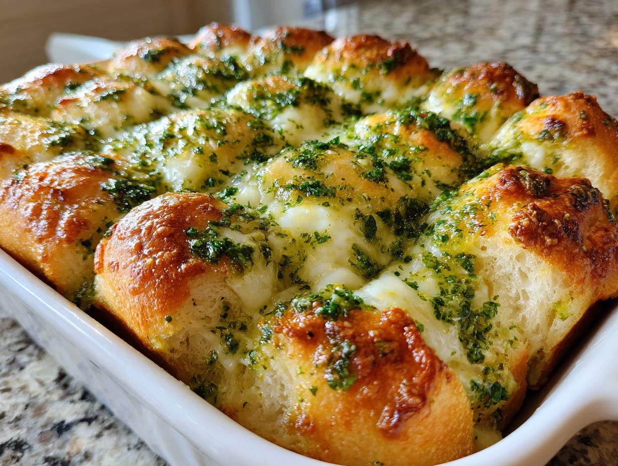 Close-up of baked hawaiian roll garlic bread topped with melted cheese and green herbs.