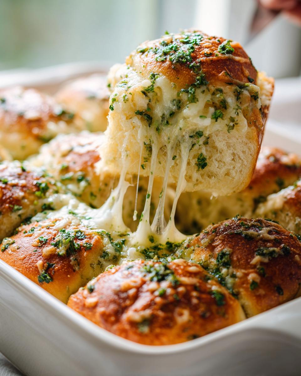 A hand pulling one cheesy hawaiian roll garlic bread roll, showing a dramatic cheese pull.