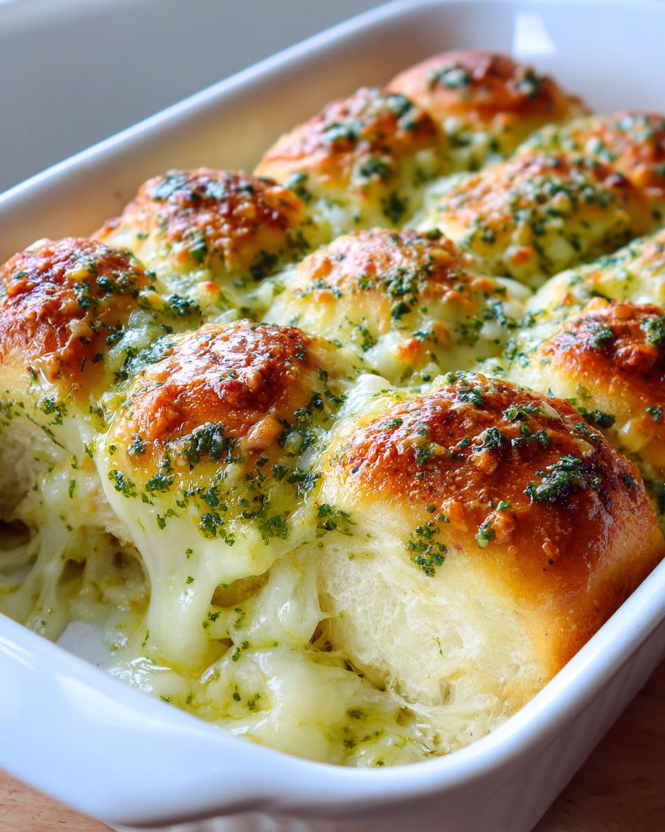 Close-up of baked hawaiian roll garlic bread with melted cheese and parsley in a white dish.