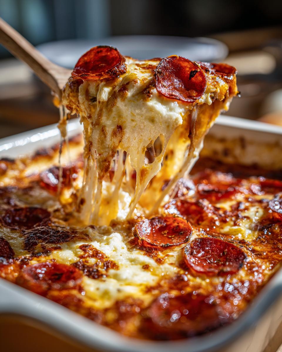 A wooden spoon lifts a scoop of hot, cheesy pepperoni pizza dip, showing a dramatic cheese pull.