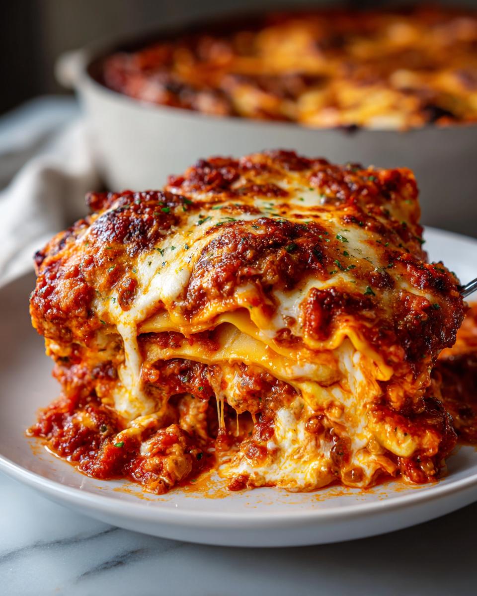 A thick, cheesy slice of lazy lasagna being lifted, showing layers of pasta, rich sauce, and melted cheese.