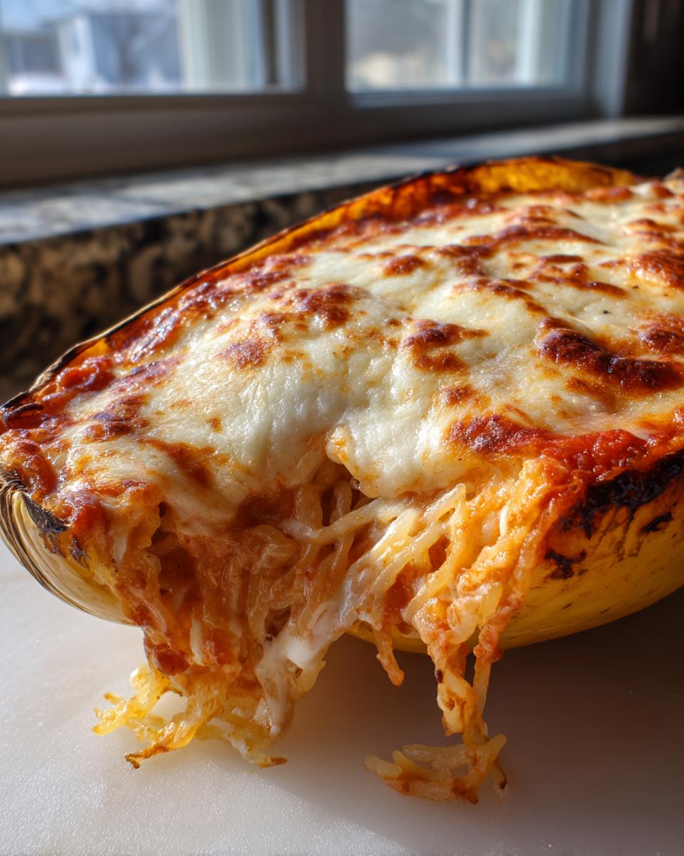 Close-up of cheesy spaghetti squash lasagna oozing out of the squash boat, baked golden brown.