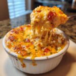 A spoonful of hot, cheesy rotel dip is pulled from a white ramekin, showing long, delicious cheese pulls.