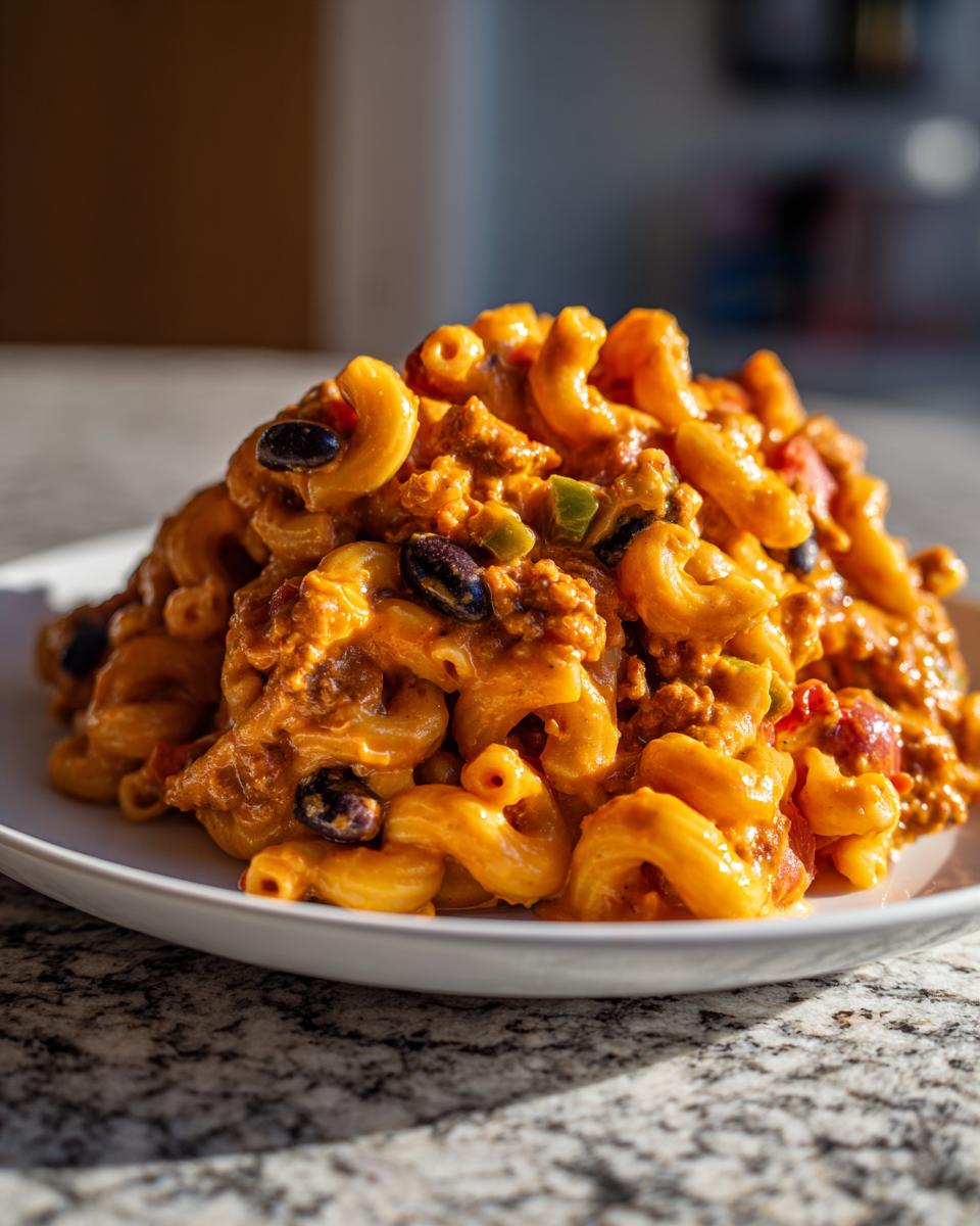 A generous serving of creamy, cheesy taco pasta mixed with ground meat, black beans, and peppers on a white plate.