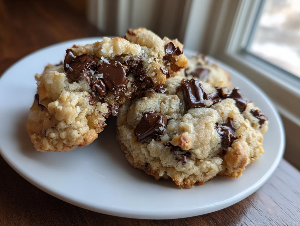 Close-up of chewy almond joy cookies featuring melted chocolate chunks and coconut texture on a white plate.