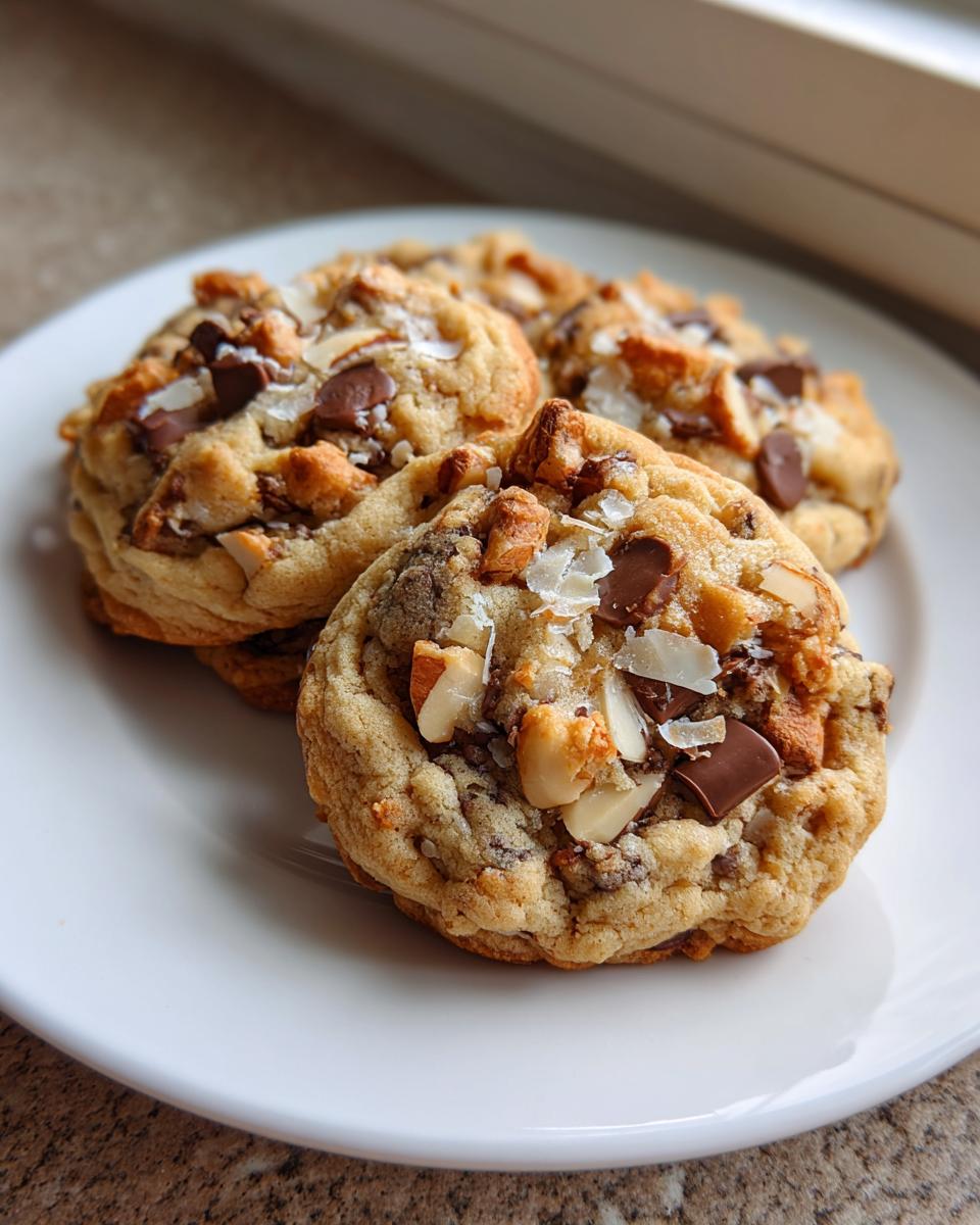 Close-up of three chewy almond joy cookies piled on a white plate, showing chocolate chunks and sliced almonds.