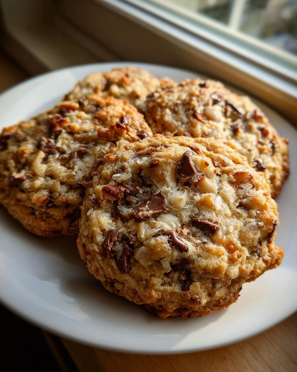 Four chewy almond joy cookies loaded with chocolate chips and coconut flakes resting on a white plate.
